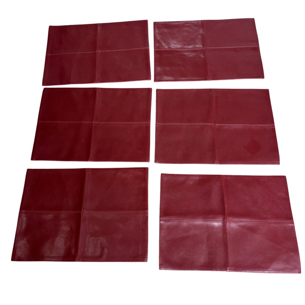 Set of 6 Burgundy Faux Leather Placemats Reversible Fabric Backed 18x13